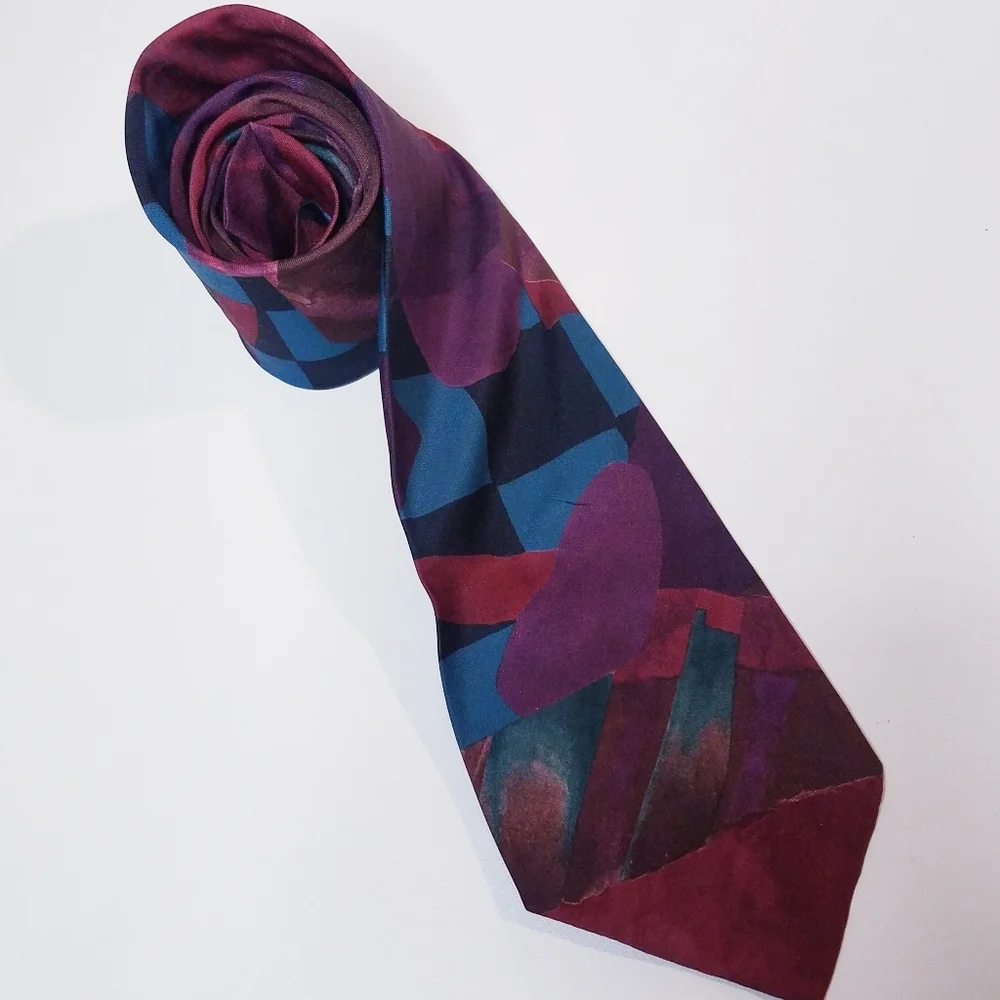 Italian Men's Tie Silk Abstract Shapes Purple Blue Styled Made in USA